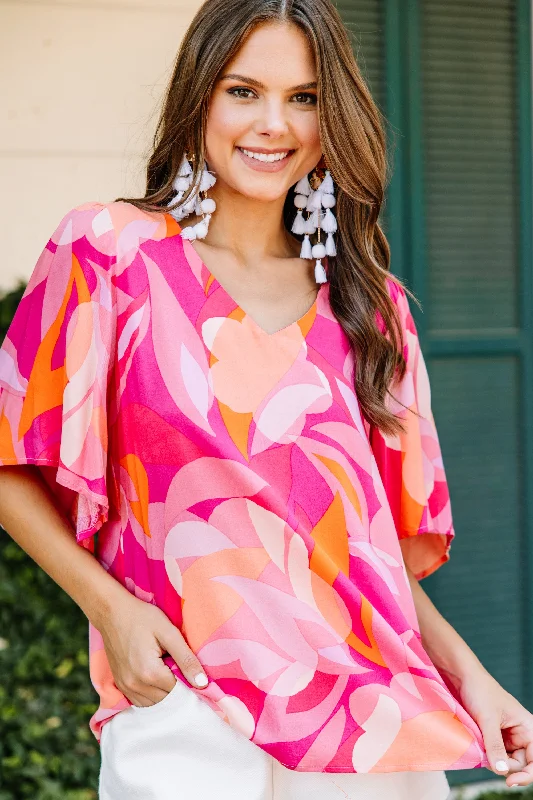 women's tops with ruffled hemsReady Set Retro Hot Pink Abstract Blouse