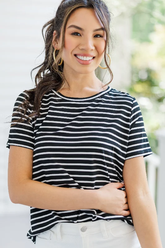 women's tops with ruffled hemsLet's Meet Later Black Striped Top