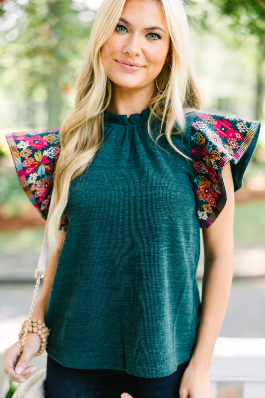 women's tops with cold-shoulder cutsTHML: It's All You Teal Blue Embroidered Blouse