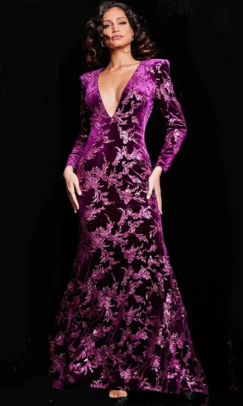 women's ruffle dressesJovani 23715 - Long Sleeve Velvet Evening Gown