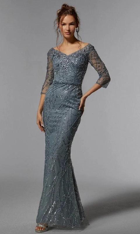 women's curve-hugging dressesMGNY By Mori Lee 72933 - Embroidered Metallic Evening Dress