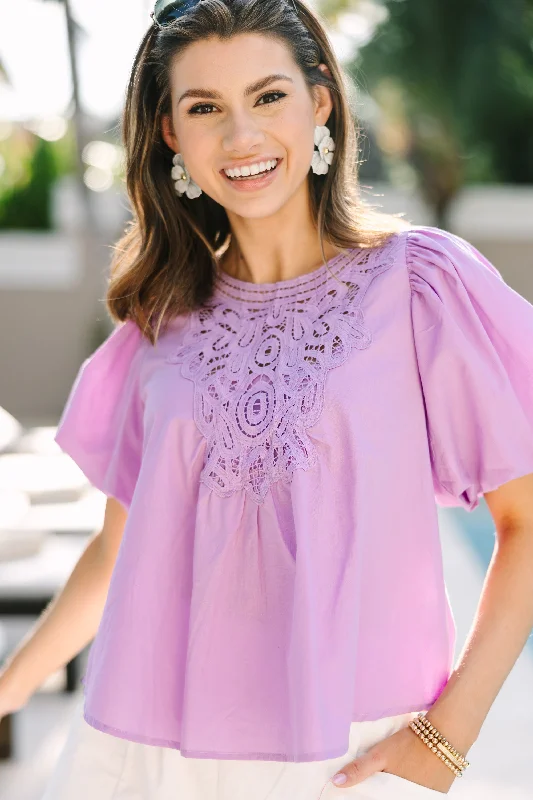 women's tops with sheer overlaysStick To The Plan Lilac Purple Crochet Blouse