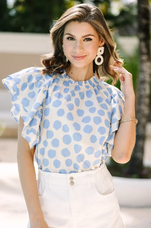 women's tops for those who want to show off their figure in a flattering wayTrue Self Blue Polka Dot Ruffled Blouse