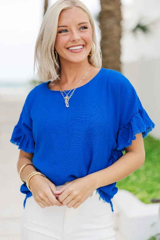 women's tops with asymmetrical designsFind You Out Royal Blue Linen Top