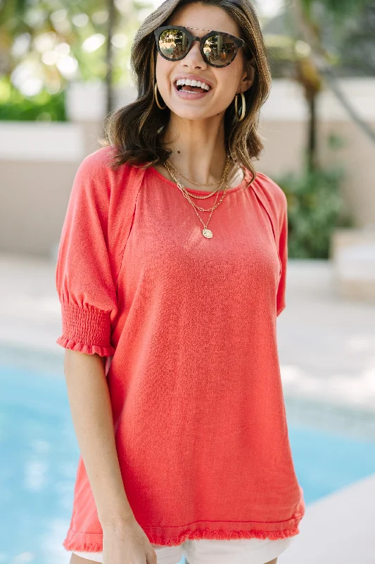 women's tops with ruffled hemsGive You A Ring Coral Orange Linen Top