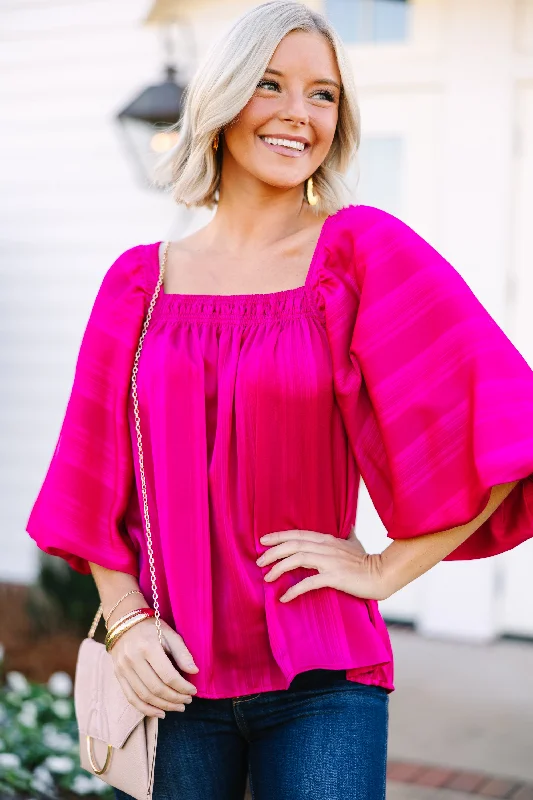 women's tops with spaghetti straps and deep V-necksAll For Love Magenta Pink Satin Striped Blouse