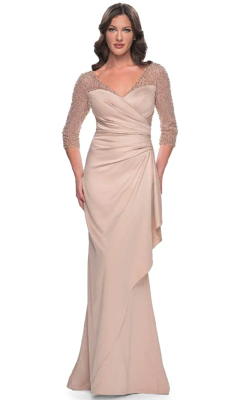 women's flowy dressesLa Femme 31011 - Beaded Illusion Satin Evening Dress