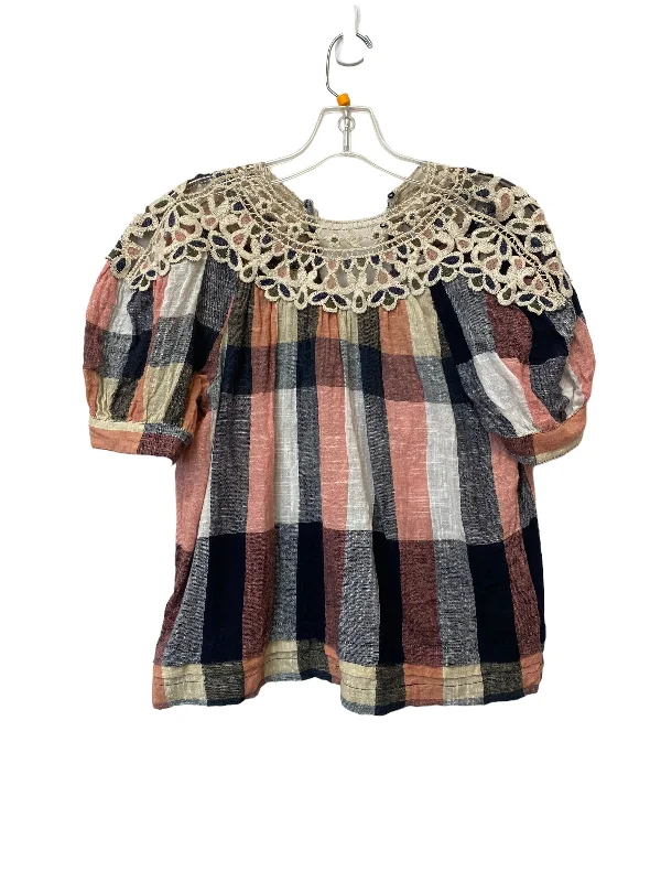 women's T-shirts with lace trimPlaid Pattern Top Short Sleeve Anthropologie, Size S