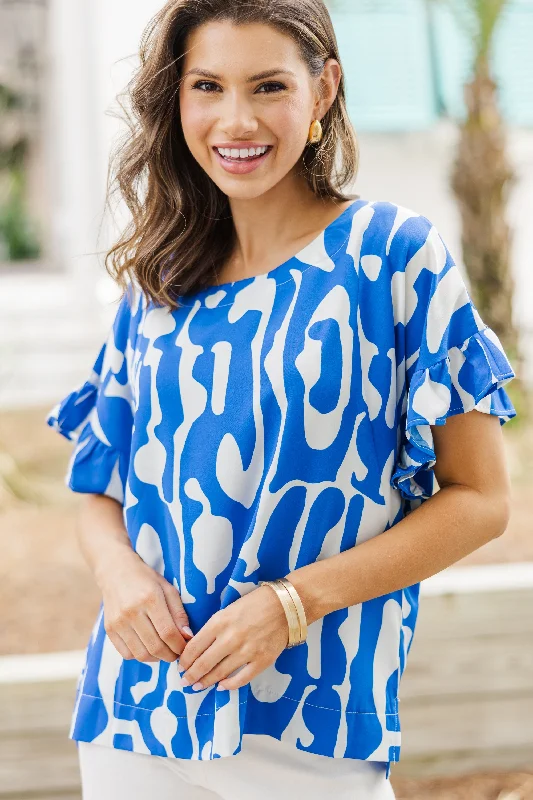 women's tops for fashion-conscious professionalsCan't Wait Sapphire Blue Abstract Blouse