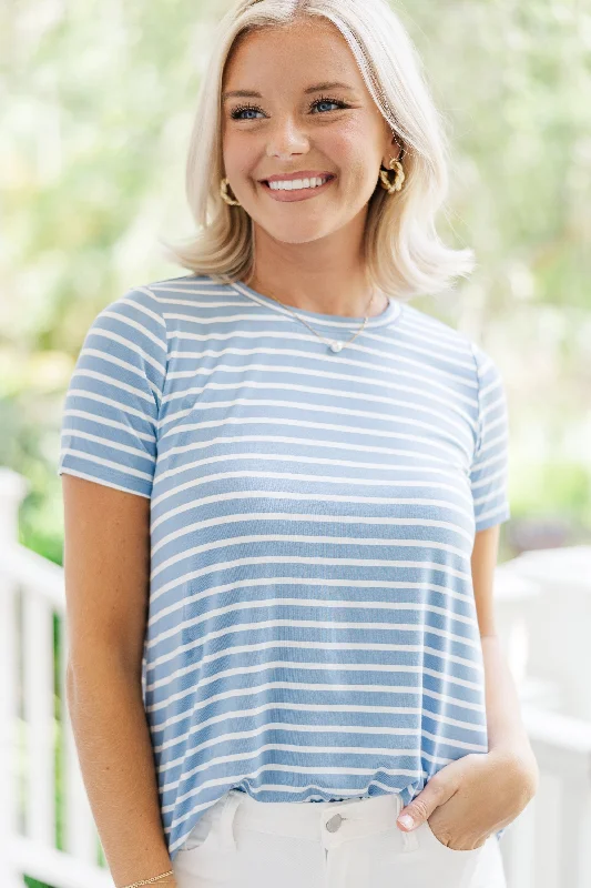 affordable women's topsLet's Meet Later Light Blue and Ivory Striped Top