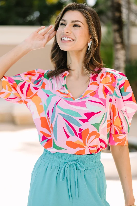 women's tops with cinched waistsNo End In Sight Pink Abstract Blouse