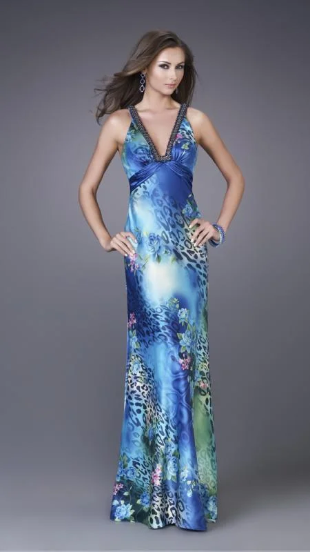 women's stretchy dressesLa Femme - 15734 V-Neck Printed Evening Dress