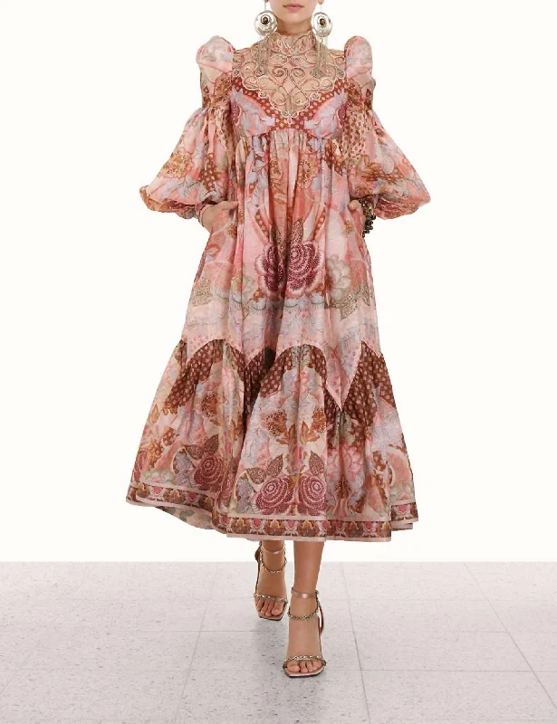 women's trendy dressesKaleidoscope Swirl Yoke Midi Dress In Apricot Floral