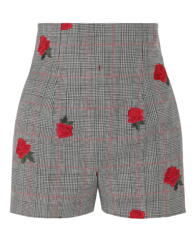 women's bridal shortsRose-Embroidered Check-Print Shorts