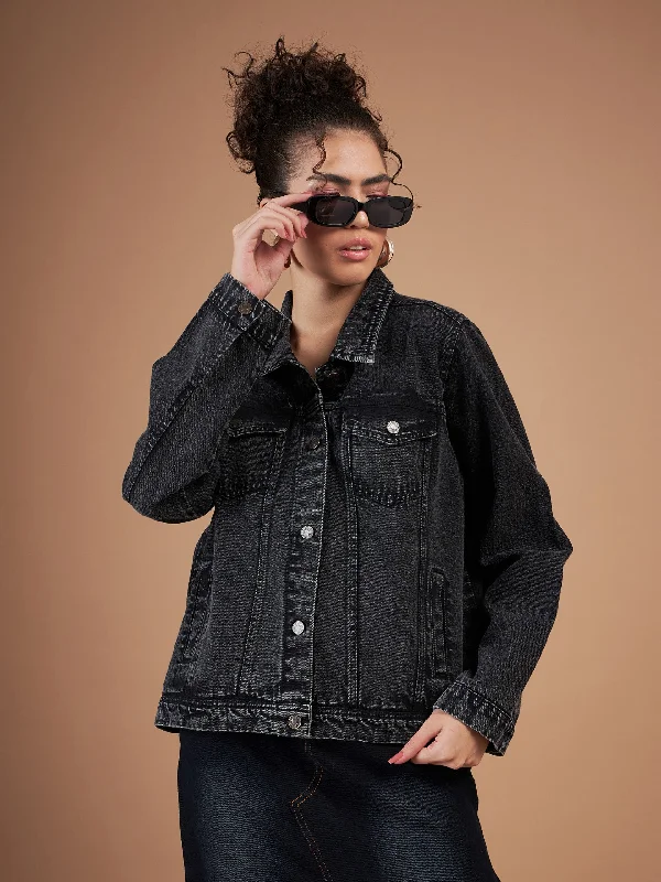 women's coats for boho-chic stylesWomen Black Washed Denim Regular Jacket