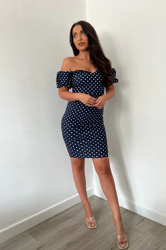 women's beach dressesVesper Anastasia Navy Polka Dot Bardot Midi Dress