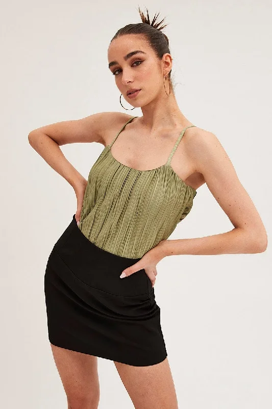 Green Plisse Cami Sleeveless Scoop Neck