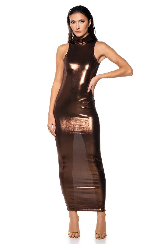 women's limited-edition dressesIN THE CROWD METALLIC MIDI DRESS IN BROWN