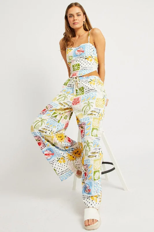 Multi Abstract Wide Leg Pants High Rise