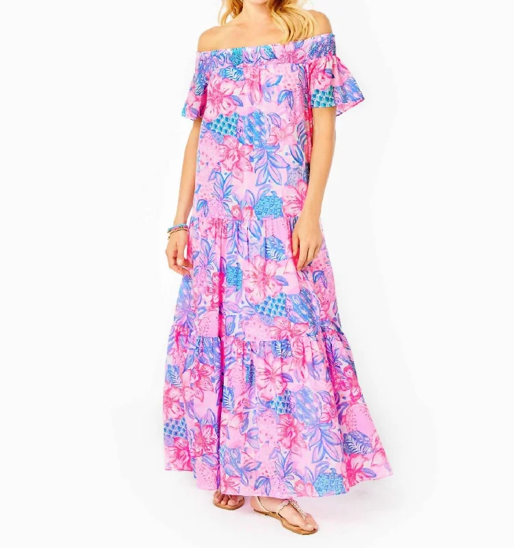 women's bodycon dressesDezi Off The Shoulder Maxi Dress in Pink Isle Snappy Turtle