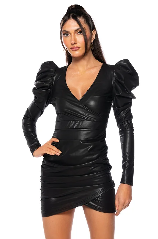 women's midi dressesREADY FOR IT LONG SLEEVE FAUX LEATHER SURPLICE MINI DRESS