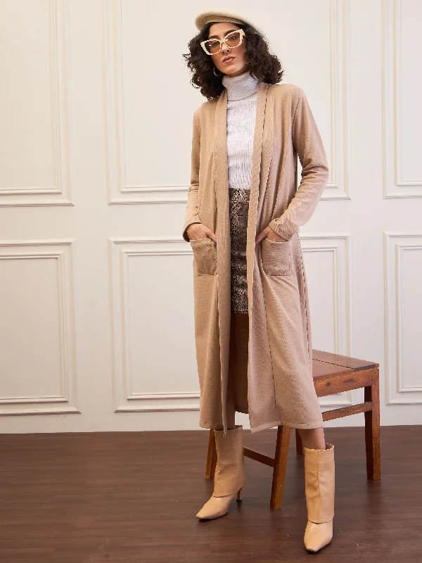 women's coats with military-inspired designsWomen Beige Rib Longline Shrug