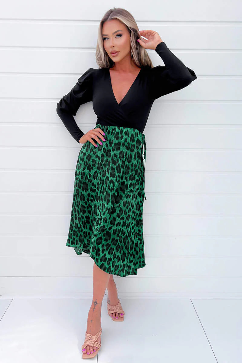 women's evening dressesAX Paris Green And Black Animal Print 2 In 1 Midi Dress