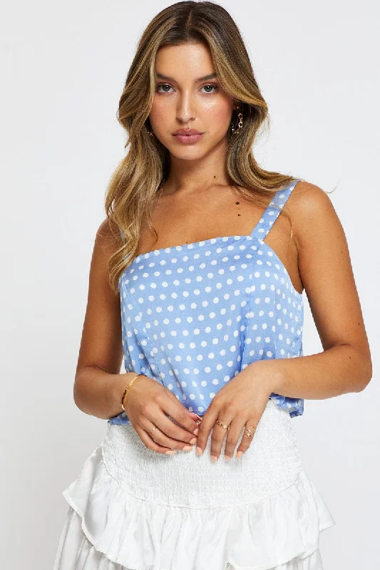 Polka Dot Singlet Top Square Neck Linen