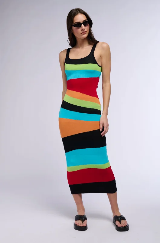 women's wedding guest dressesTASTE THE RAINBOW STRIPED MIDI DRESS