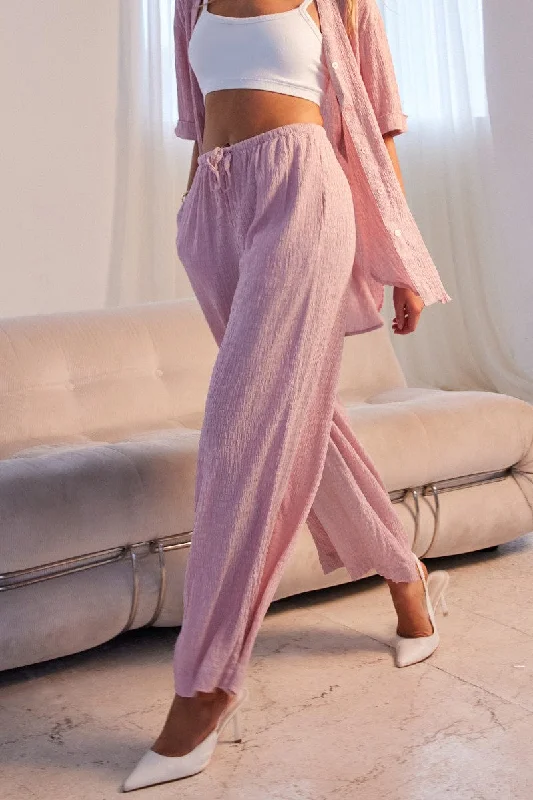 Pink Wide Leg Pants High Rise Textured Fabric