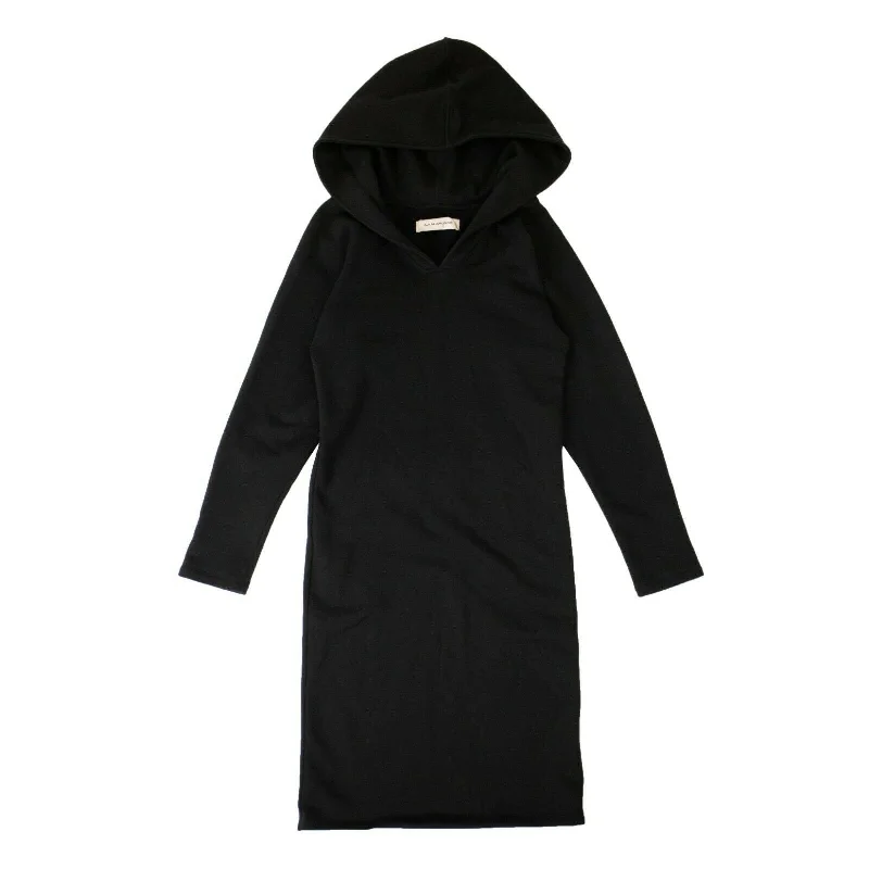 women's prom dressesWomen's Black Cotton Long Sleeve Hooded Midi Dress