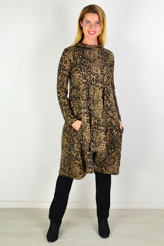 women's coats for fashion-forward individualsCamel Leopard Print Fleece Tunic Dress