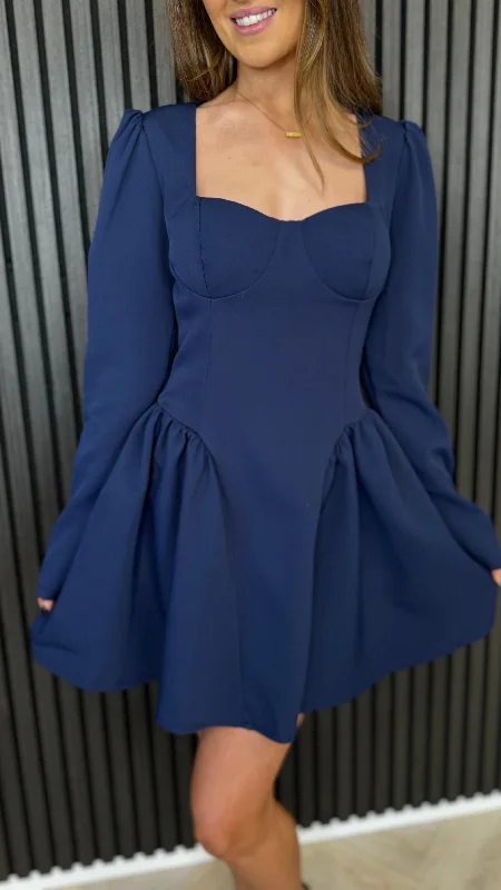 women's halter dressesRuby Navy Square Neckline Full Skirt Detail Mini Dress