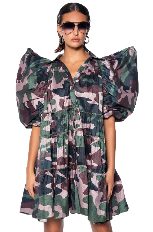 women's floral dressesRUFFLE SLEEVE CAMO PRINT TRAPEZE MINI DRESS