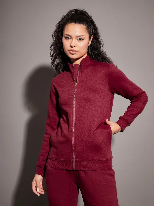 women's coats with beadwork accentsWomen Maroon Fleece Zipper Jacket