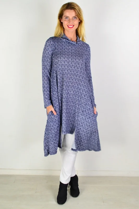 women's coats with lace detailingBlue Stamp Print Tunic Dress