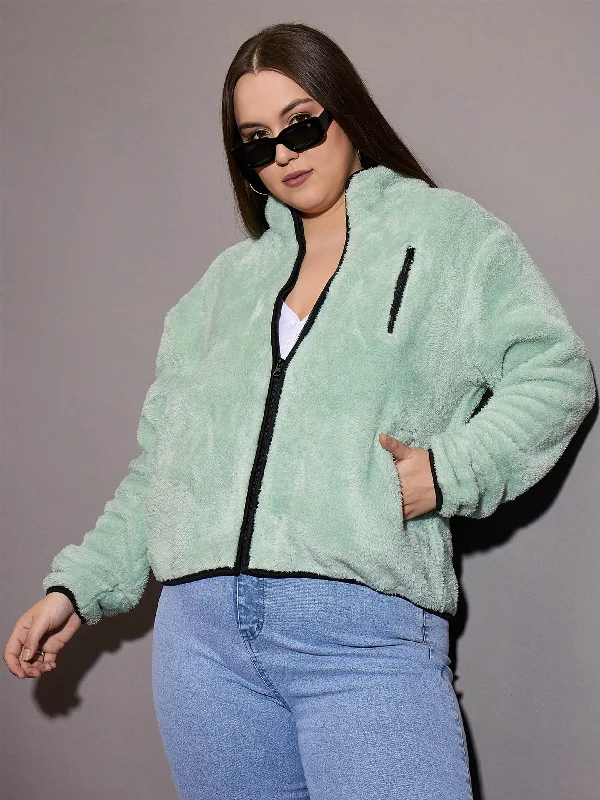 women's shearling coatsWomen Green Faux Fur Contrast Piping Zipper Jacket