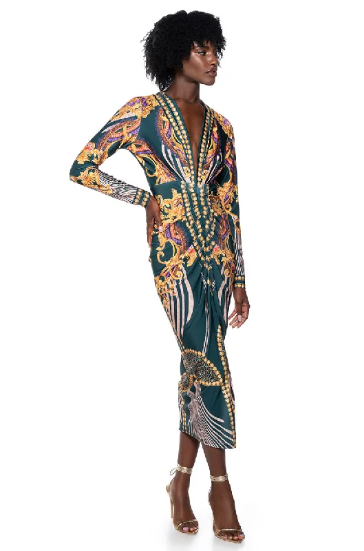 women's solid color dressesCOLETTE SCARF PRINT MIDI DRESS