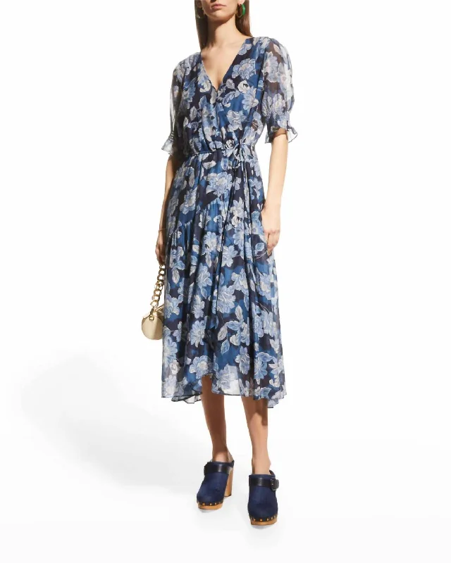 women's mini dressesMar Floral Print Midi Wrap Dress In Blue