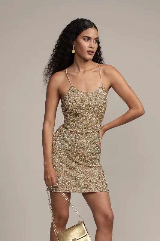 women's cotton dressesAmelle Gold Beaded Mini Dress