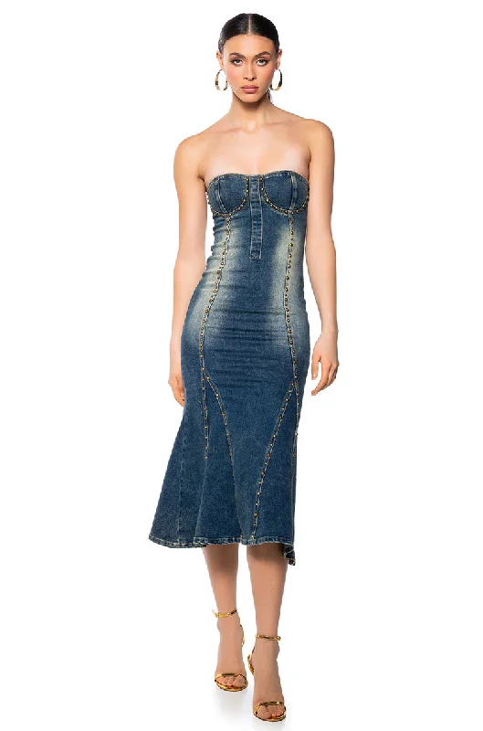 women's off-the-shoulder dressesSO Y2K DENIM MIDI DRESS