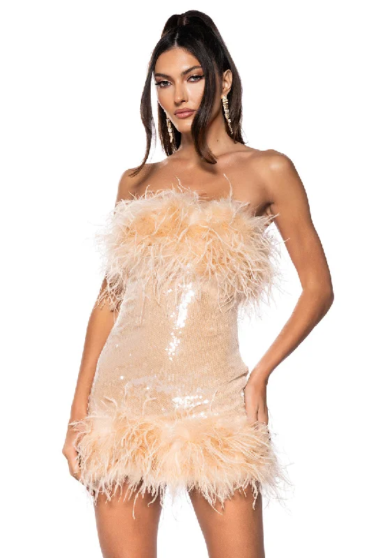 women's easy-to-wear dressesBON ANNIVERSAIRE FEATHER TRIM SEQUIN MINI DRESS