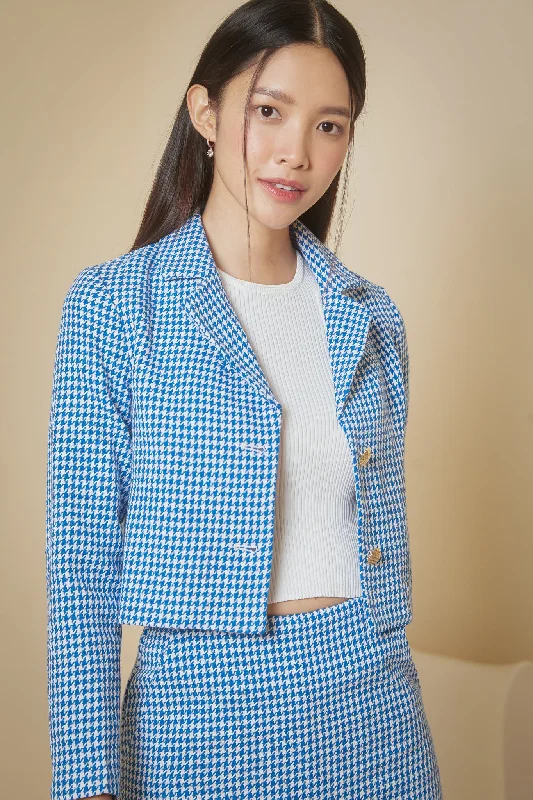 women's coats for black-tie affairsTweed Cropped Blazer in Blue Houndstooth