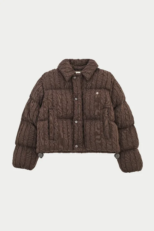 women's coats for those who want to make a fashion statementCABLE KNITTED PUFFER - BROWN