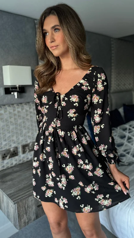 women's maxi dressesFiona Black Floral Gathered V Neckline Long Sleeve Mini Dress