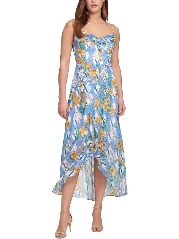 women's flutter-sleeved dressesJuniors Womens Printed Ruffled Maxi Dress