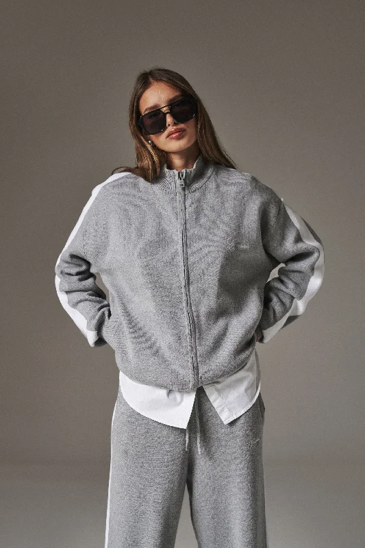 women's coats for petite womenSIDE STRIPE KNITTED TRACK JACKET - GREY MARL