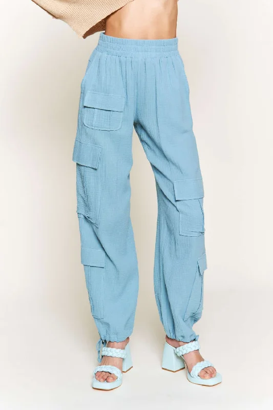 women's checkered pantsDUSTY BLUE LINEN WIDE LEG CARGO PANTS P9334