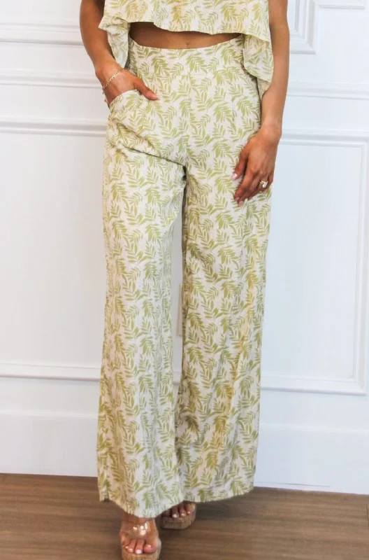 women's chic pantsTinsley Printed Wide Leg Pants: Light Green/Cream