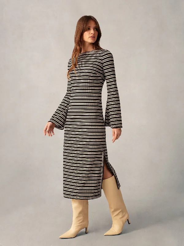 women's wrinkle-resistant dressesBlack and White Rib Flute Sleeve Dress